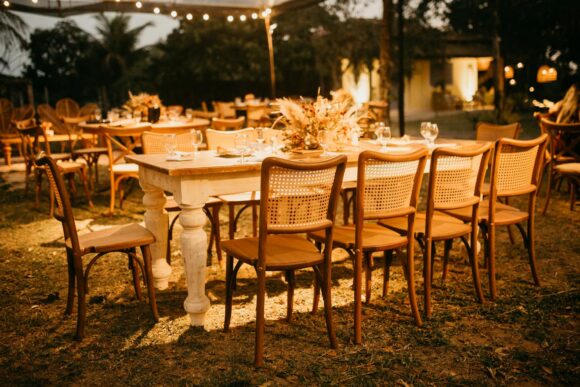 set table at wedding party at evening